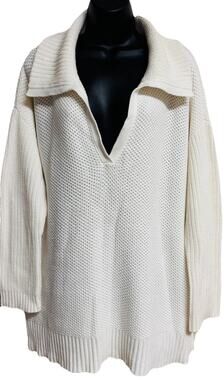 Lauren Ralph Lauren Women Plus 2X White Knit Sweater Collared V-Neck Long Sleeve